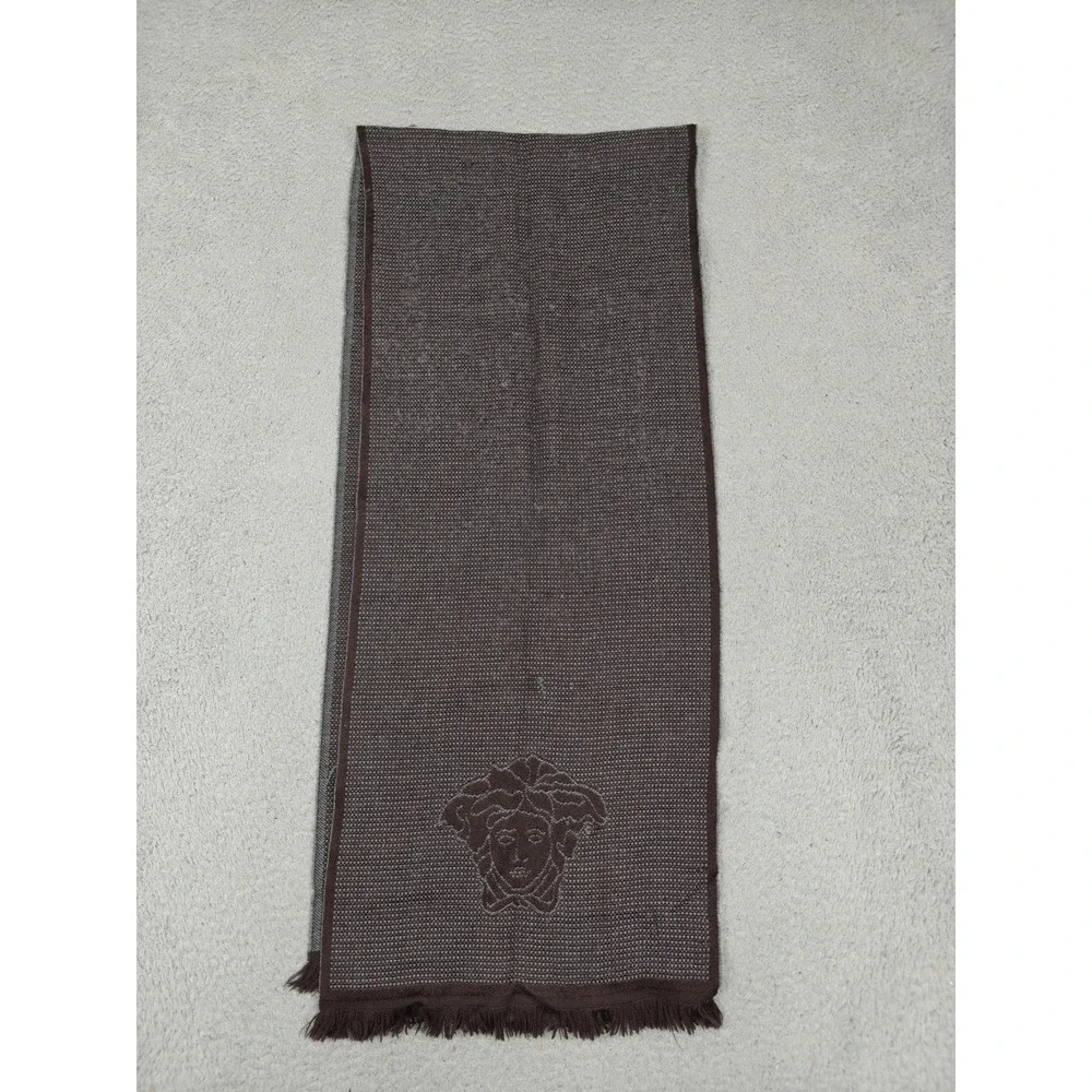 Versace Scarf Womens One Size Brown Check Medusa Logo Fringe‎ Winter Fall Warm